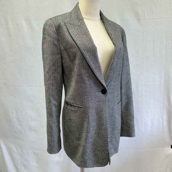 Lafayette 148 black/cream herringbone wool stretch one button blazer size 8 - Picture 3 of 14